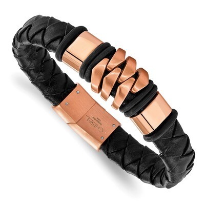 Rose IP-plated Black Leather Bracelet Stainless Steel Brushed SRB2242-8 by Chisel, MPN: SRB2242-8, …