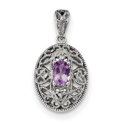 Oval Amethyst &amp; White Topaz Pendant Sterling Silver Rhodium-plated QP4996, MPN: QP4996, 883957872568