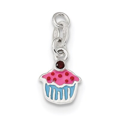 Enameled Cupcake with Garnet Charm Sterling Silver Polished QC9288, MPN: QC9288, 886774114811