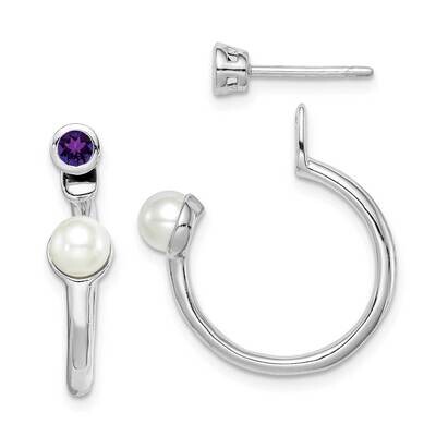 Freshwater Cultured Pearl &amp; Amethyst Front &amp; Back Earrings Sterling Silver Rhodium Plated QE14376AM…