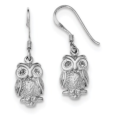CZ Diamond Owl Shepherd Hook Earrings Sterling Silver Rhodium-plated QE11829, MPN: QE11829, 1911012…