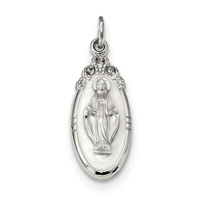 White Epoxy &amp; Crystal Miraculous Medal Pendant Sterling Silver QC9114, MPN: QC9114, 883957948133