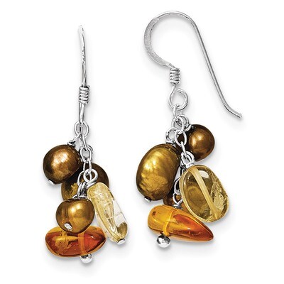 Amber Citrine &amp; Copper Cultured Pearl Earrings Sterling Silver QE6216, MPN: QE6216, 886774080499