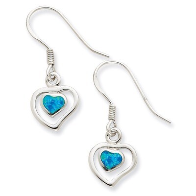 Blue Opal Inlay Center Heart Dangle Earrings Sterling Silver QE7437, MPN: QE7437, 883957008721