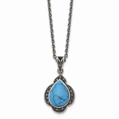 Simulated Turquoise Marcasite Antiqued Necklace Stainless Steel SRN1372-18 by Chisel, MPN: SRN1372-…