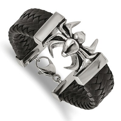 Black Leather Spider Bracelet Stainless Steel Polished Antiqued SRB2019-8.5 by Chisel, MPN: SRB2019…