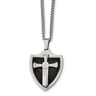 Black IP-plated with Diamond CZ Cross Shield Necklace Stainless Steel Polished SRN2374-24 by Chisel…