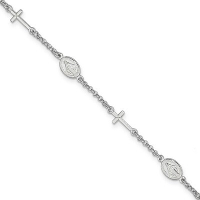 Cross &amp; Miraculous Medal Bracelet 6.5 Inch Sterling Silver Rhodium Plated QG4256-7.5, MPN: QG4256-7…