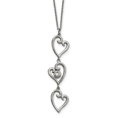 CZ Dangle Hearts with 2 Inch Extender Necklace Stainless Steel Polished SRN2230-16 by Chisel, MPN: …