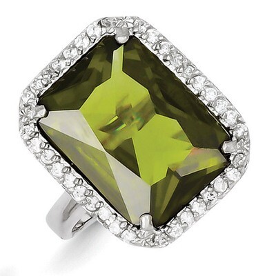 Rectangle Clear &amp; Green Diamond Ring Sterling Silver QR2228, MPN: QR2228, 723252600292