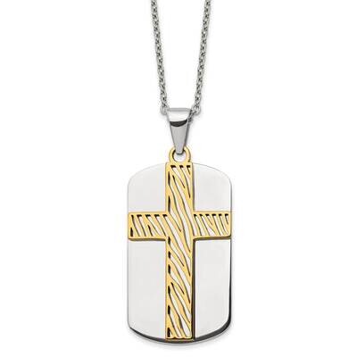 Yellow Ip-Plated Cross Dog Tag 24 Inch Necklace Stainless Steel Polished SRN2906-24 by Chisel, MPN:…