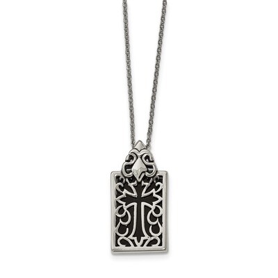 Antiqued &amp; Polished with Black Glass Cross Necklace Stainless Steel SRN1907-20