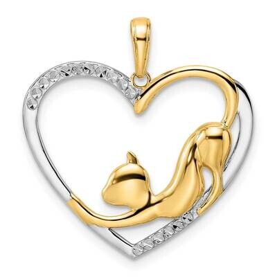 Cat Stretching In Heart Pendant 14k Gold and White Rhodium Diamond-Cut M3001, MPN: M3001, 196904072…