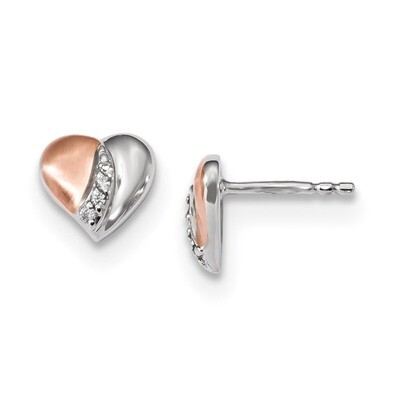 Rose Gold-plated Polish Satin CZ Diamond Heart Earrings Sterling Silver Rhodium QE13945, MPN: QE139…