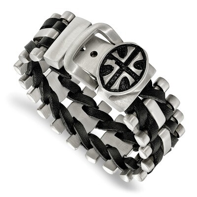 Antiqued Textured Adjustable Cross Black Leather Bracelet Stainless Steel Brushed SRB2262 by Chisel…