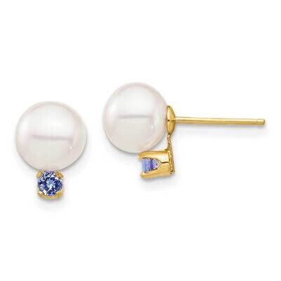 7-7.5mm White Round Freshwater Cultured Pearl Tanzanite Post Earrings 14k Gold XF753E_TZ, MPN: XF75…