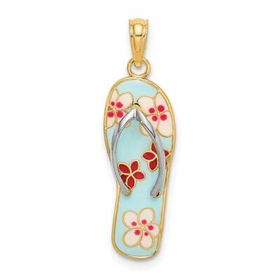 Fuschia White Flowers On Aqua Flip-Flop Charm 14k Gold Enamel K6803, MPN: K6803, 637218123285