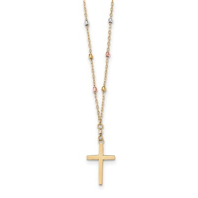Diamond Cut Beaded Cross Necklace 14K Tri Colored Gold SF2286-18, MPN: SF2286-18, 191101369100