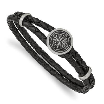 Lasered Compass Black Leather 8.5 Inch Bracelet Stainless Steel Brushed SRB2475-8.5, MPN: SRB2475-8…