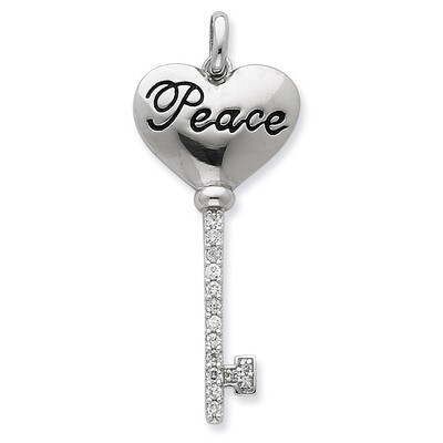 Sterling Silver Heart Top with Peace Inscription and Diamond Key Pendant QP1976