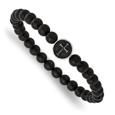 Polished Black Agate Cross Stretch Bracelet Stainless Steel Antiqued SRB2857, MPN: SRB2857, 1911018…