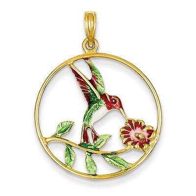 Enameled Hummingbird &amp; Flower Round Frame Pendant 14k Gold K4221, MPN: K4221, 637218147717