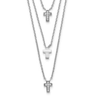 Three Strand CZ Diamond Cross with 2 Inch Extender Necklace 16 Inch Sterling Silver Rhodium-Plated …