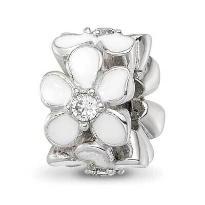 White Enamel CZ Floral Bead Sterling Silver QRS4246, MPN: QRS4246,