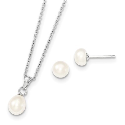 Cultured Freshwater Pearl Necklace &amp; Stud Ear Set 17 Inch Sterling Silver Rhodium-plated QH5191SET,…