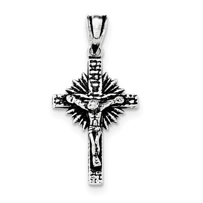 Antiqued INRI Block Cross with Rays Crucifix Pendant Sterling Silver QC8306