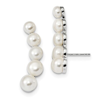 5-8mm White Button Cultured Freshwater Pearl Ear Climber Post Earrings Sterling Silver Rhodium-plat…