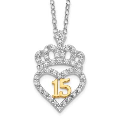 Sterling Silver and Gold Tone Diamond Heart Crown 15 Necklace PXD2695-SSCZ