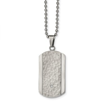 Hammered with Diamond CZ Dog Tag Necklace Stainless Steel Polished SRN2407-22 by Chisel, MPN: SRN24…