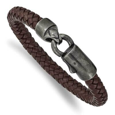 Grey Plating Brown Leather 8.25 Inch Bracelet Stainless Steel Antiqued SRB2426-8.25, MPN: SRB2426-8…