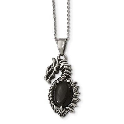 Polished with Black Glass Dragon Necklace Antiqued Stainless Steel SRN1917-20 by Chisel, MPN: SRN19…