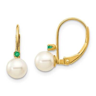 5-5.5mm White Round Freshwater Cultured Pearl Emerald Leverback Earrings 14k Gold XLB50E_PL, MPN: X…