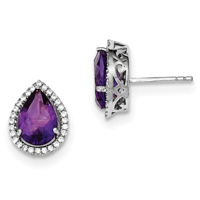 Amethyst &amp; CZ Diamond Post Earrings Sterling Silver Rhodium Polished QE12637FEB, MPN: QE12637FEB,