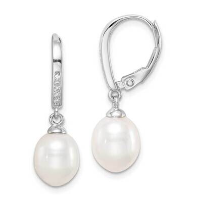 7-8mm White Rice Freshwater Cultured Pearl CZ Diamond Earrings Sterling Silver Rhodium Plated QE152…