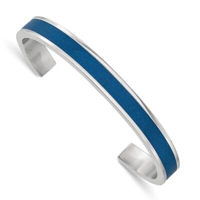 Blue Leather Inlay 8mm Cuff Bangle Stainless Steel Polished SRB2751, MPN: SRB2751, 191101865510