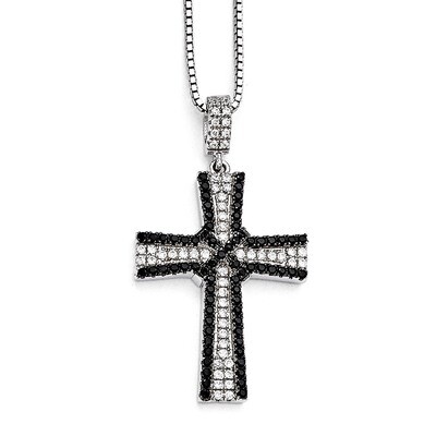 Black &amp; White Cubic Zirconia Polished Cross Necklace Sterling Silver QMP1315-18, MPN: QMP1315-18, 1…