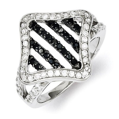 Sterling Silver Diamond Black &amp; White Striped Square Ring QR4223-7