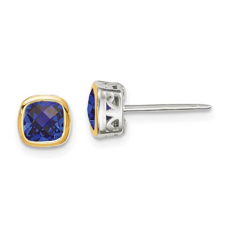 Created Sapphire Square Stud Earrings Sterling Silver with 14k Gold Accent QTC1732