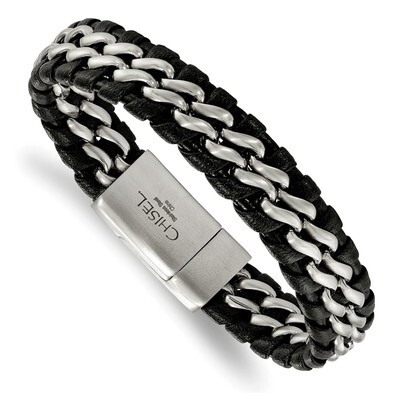 Leather Bracelet Stainless Steel Brushed Black SRB2243-8.5 by Chisel, MPN: SRB2243-8.5, 191101014765