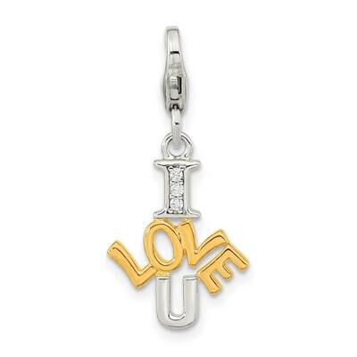 CZ Diamond I Love U with Lobster Clasp Charm Sterling Silver Gold-Plated QCC1235, MPN: QCC1235,