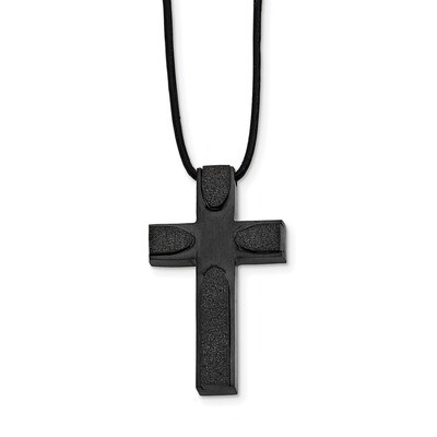 LaserCut Black IP Cross with Leather Cord Necklace Stainless Steel Brushed SRN2106-20 by Chisel, MP…