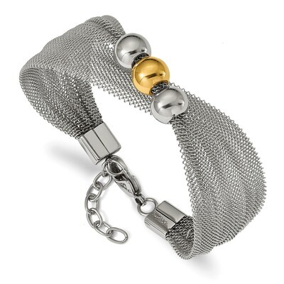 Yellow IP-plated Bead Mesh 7 Inch with 1 Inch Extender Bracelet Stainless Steel Polished SRB2321-7 …