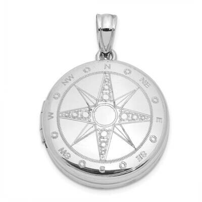 Polished Compass Rose 20mm Round Locket Sterling Silver Rhodium-plated QLS1079, MPN: QLS1079,
