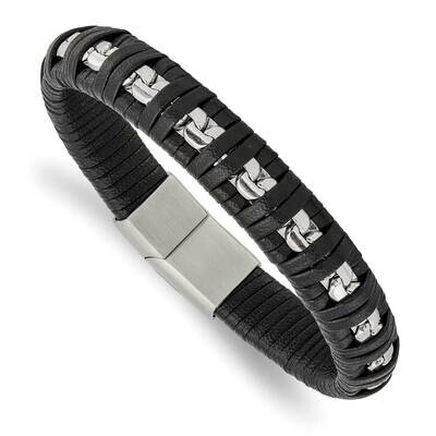 Black Leather with Chain 8.25 Inch Bracelet Stainless Steel Polished SRB2832-8.25, MPN: SRB2832-8.2…