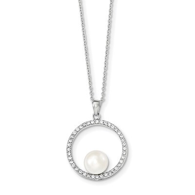 8-9mm White Freshwater Cultured Pearl and CZ Diamond Necklace 17 Inch Sterling Silver Rhodium QH523…