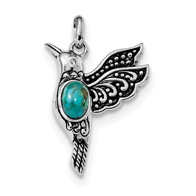 Oxidized Recon Turquoise CZ Diamond Hummingbird Pendant Sterling Silver Rhodium QC9314, MPN: QC9314…